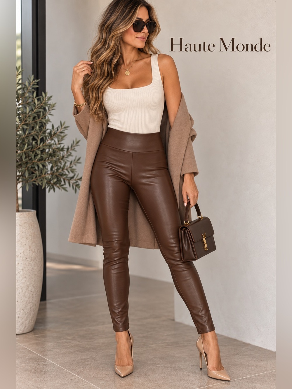 Haute Monde Brown Faux Leather High-Waist Leggings Size L